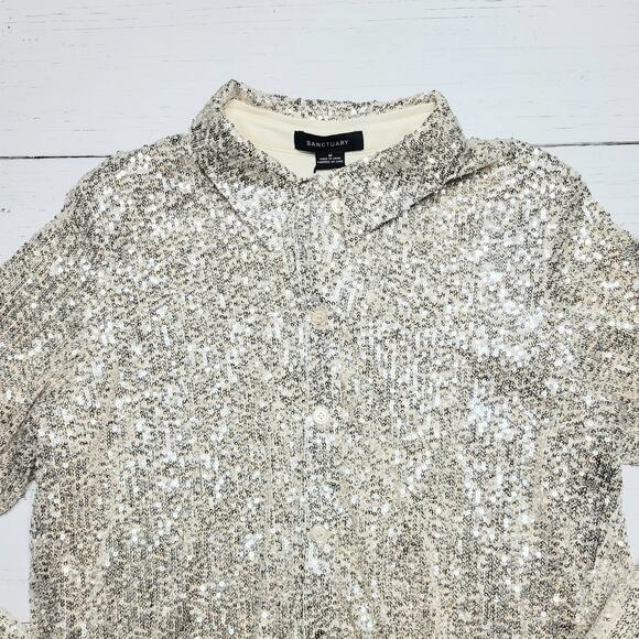 Sanctuary Radiant Long Sleeve Sequin Shirt Button Down Champagne Silver Medium - Picture 4 of 8